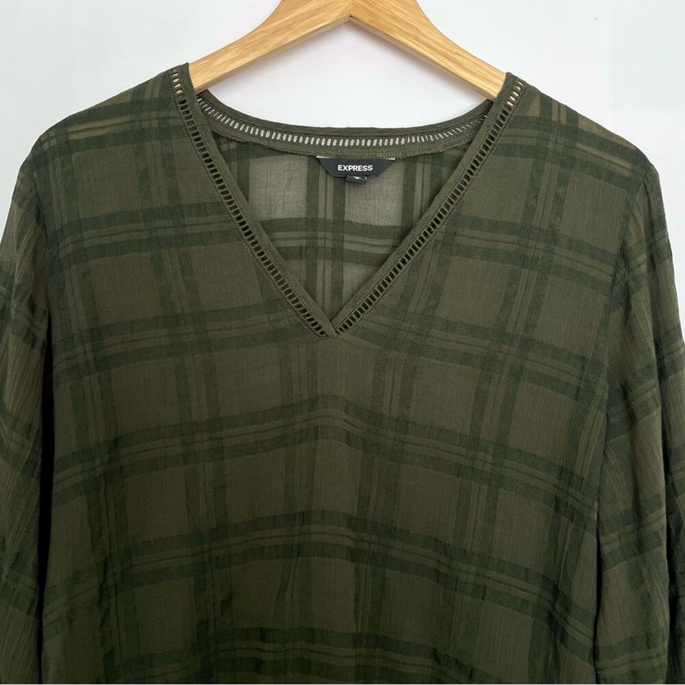 Express V-Neck Blouse Sheer Long Sleeve Relaxed Fit Officewear Size Medium Olive - Picture 2 of 15